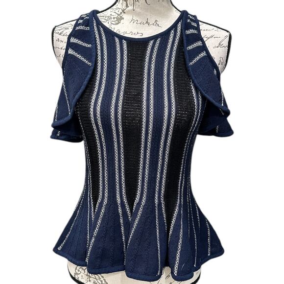 Jonathan Simkhai Navy Blue Striped Cold Shoulder Knit Crochet Peplum - Picture 3 of 8